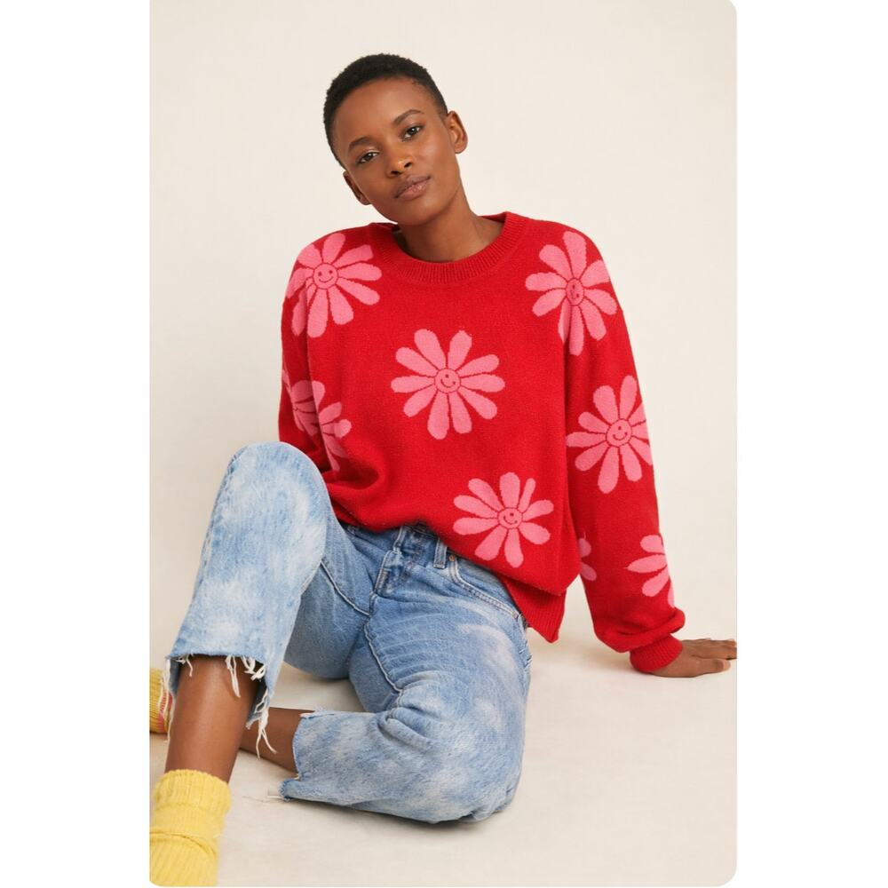 Anthro Dee Flower Power Sweater Red Pink Smiley Daisy Knit Medium